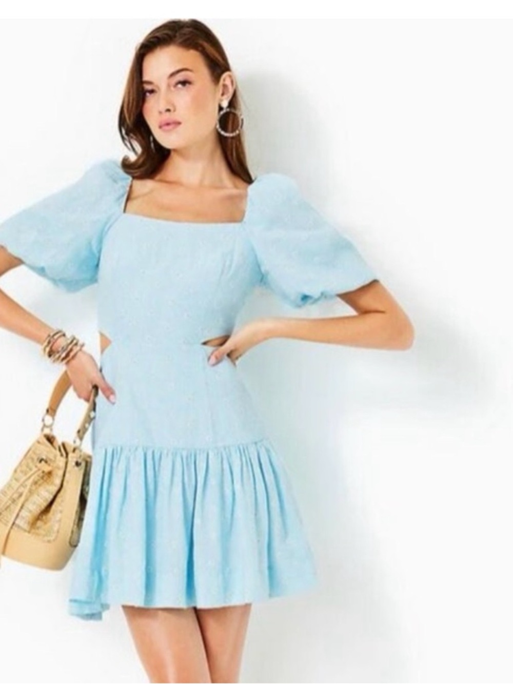 Lilly Pulitzer Pastel Blue Square Neck Puff Sleeve Mini Dress